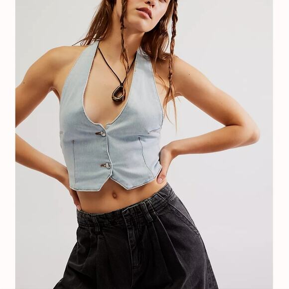 Ser.O.Ya Retrofete Manny Denim Halter Cropped Vest Blue L NWT - Picture 5 of 14